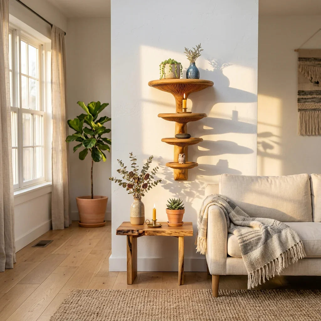 Spiralförmiges Pilz-Wandregal mit 4 abgestuften runden Ablagen – Handgefertigtes Wendeltreppen-Schwebregal aus Massivholz mit frontseitiger Lamellen-Schnitzerei – Ashdeco 2026