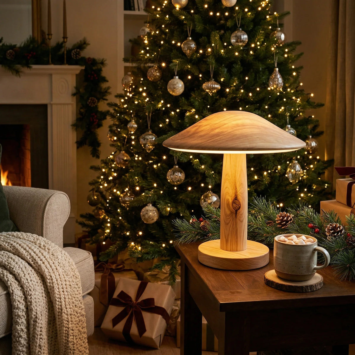 Holz-Tischlampe mit warmem Leuchten, gemütliches Wohnzimmer, Weihnachtsbaum, Geschenke, heiße Schokolade