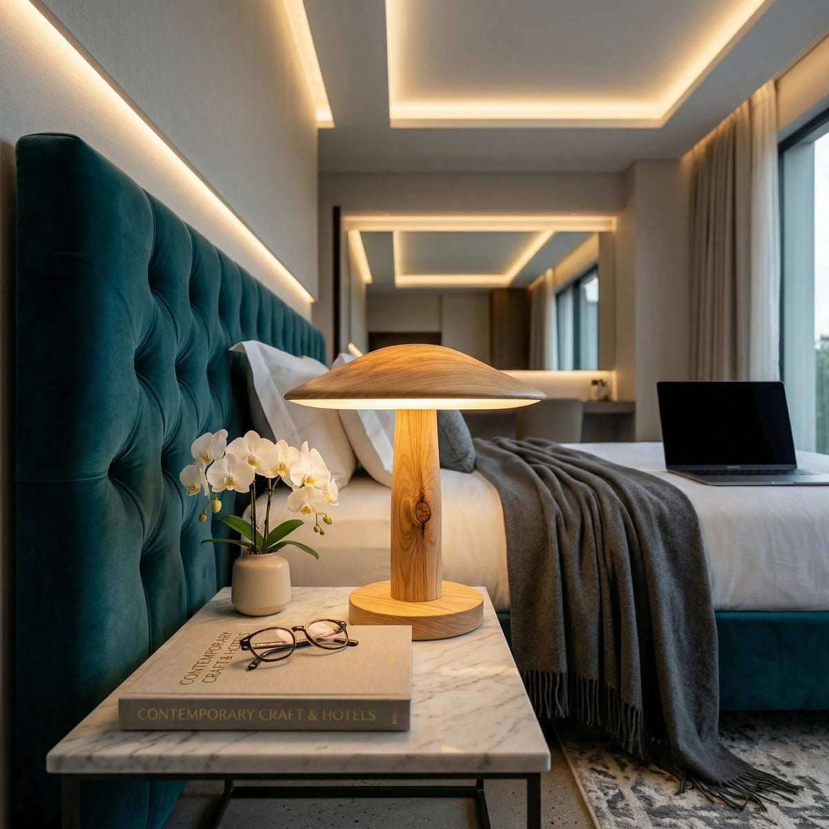 Luxushotelzimmer mit Samt-Kopfteil, Marmor-Beistelltisch, Holzlampe und Orchideendekor