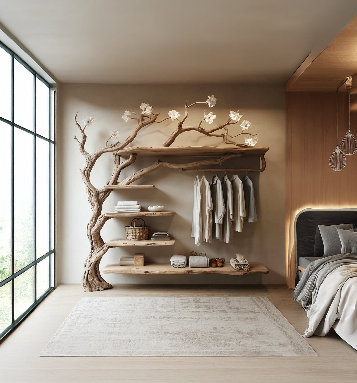 Rustikaler Baumzweig-Garderobenständer – Eck-Kleiderständer mit Regalen