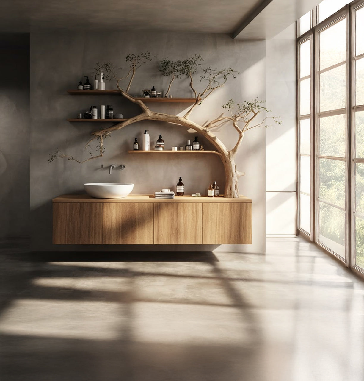 Waschtisch & Schweberegale aus Massivholz mit Baumast-Gestell