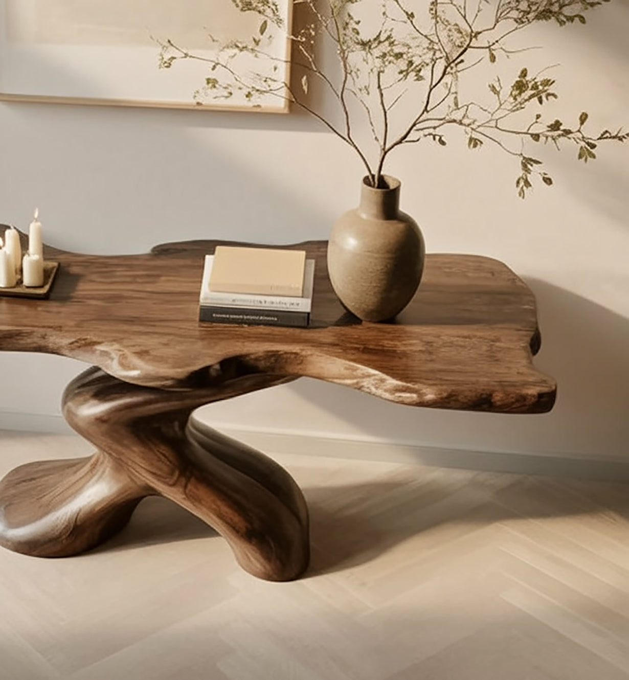 Moderne rustikale Massivholz-Konsole mit skulpturalem Sockel