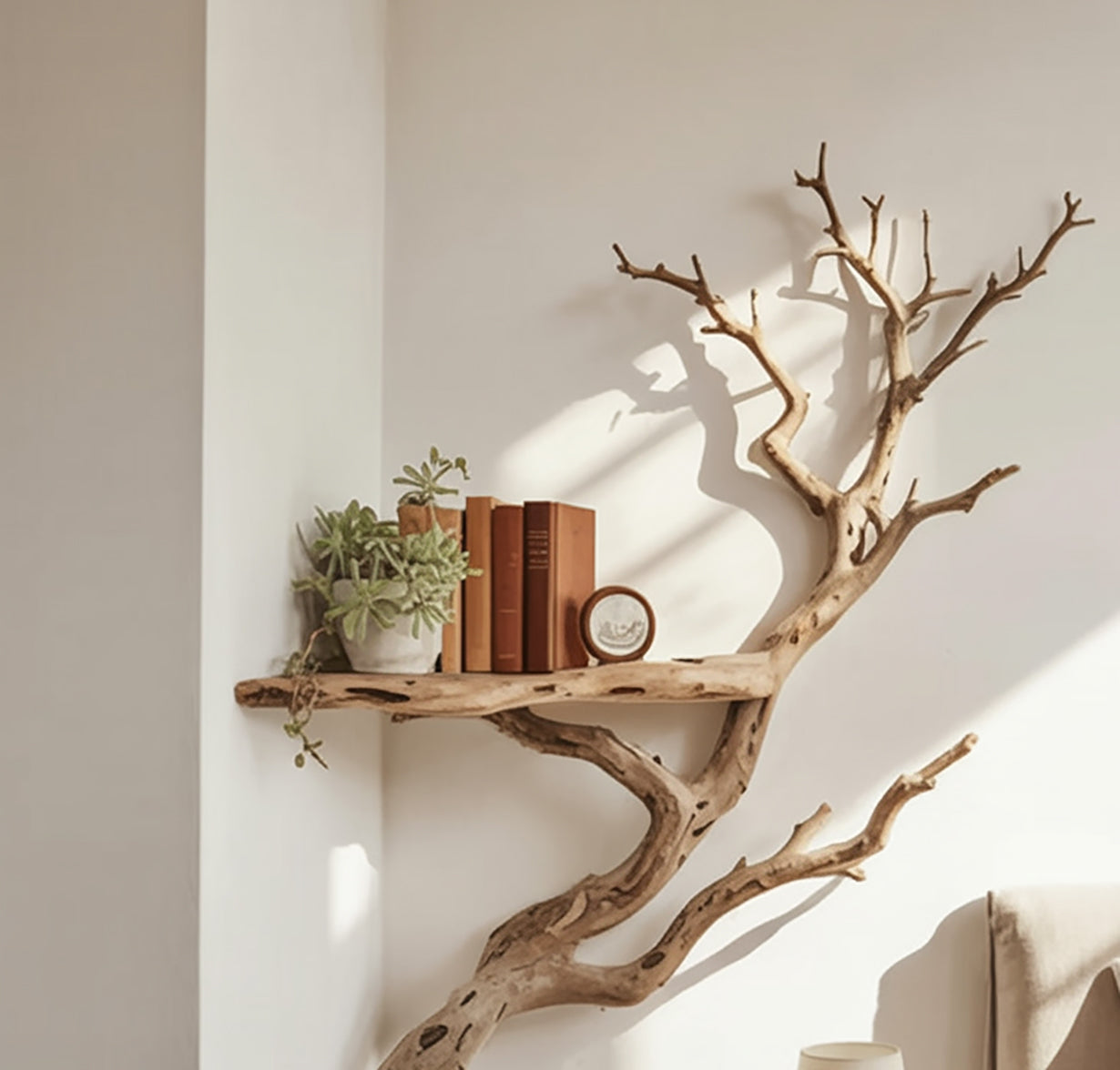 Treibholz Bücherregal als Wandkunst – Maßgefertigtes Eck-Schweberegal