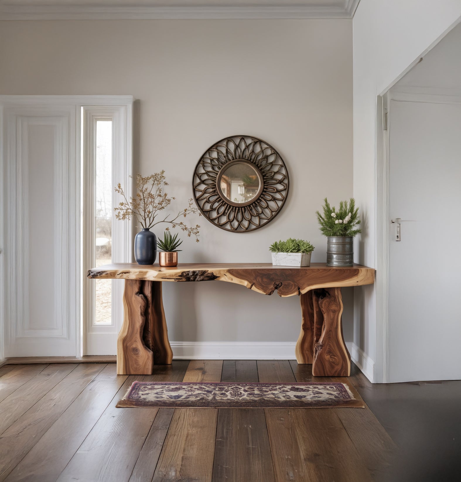 Rustikaler Massivholz-Konsolentisch mit Baumkante – Landhaus-Flur