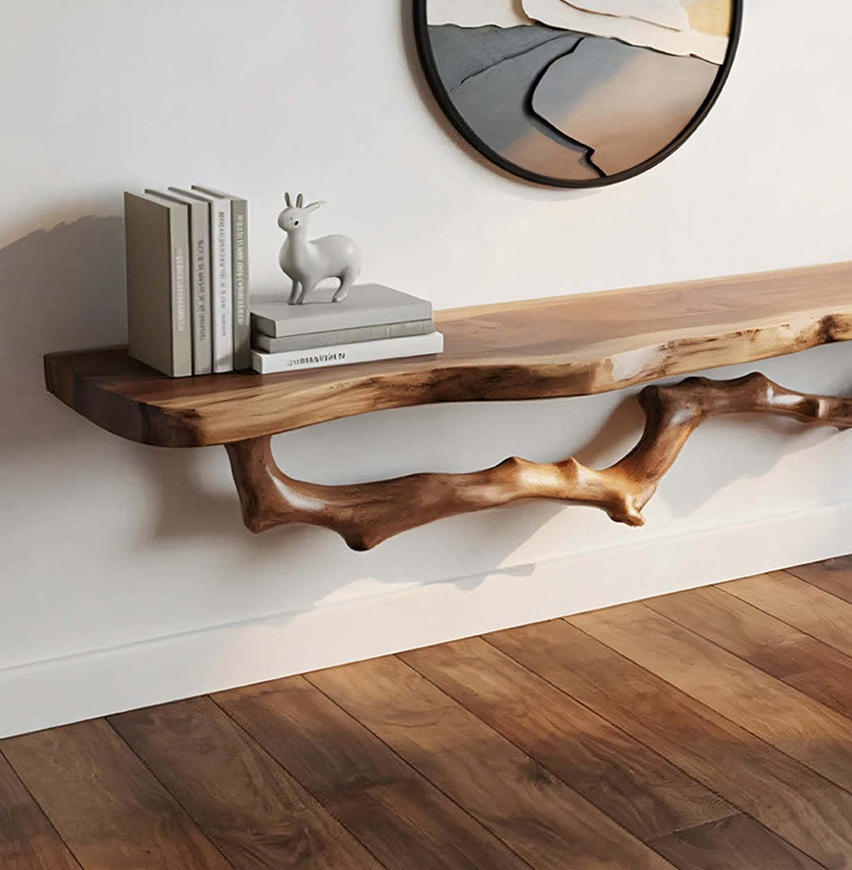 Organisches schwebendes Holzregal – Live Edge mit Skulpturalem Asthalter