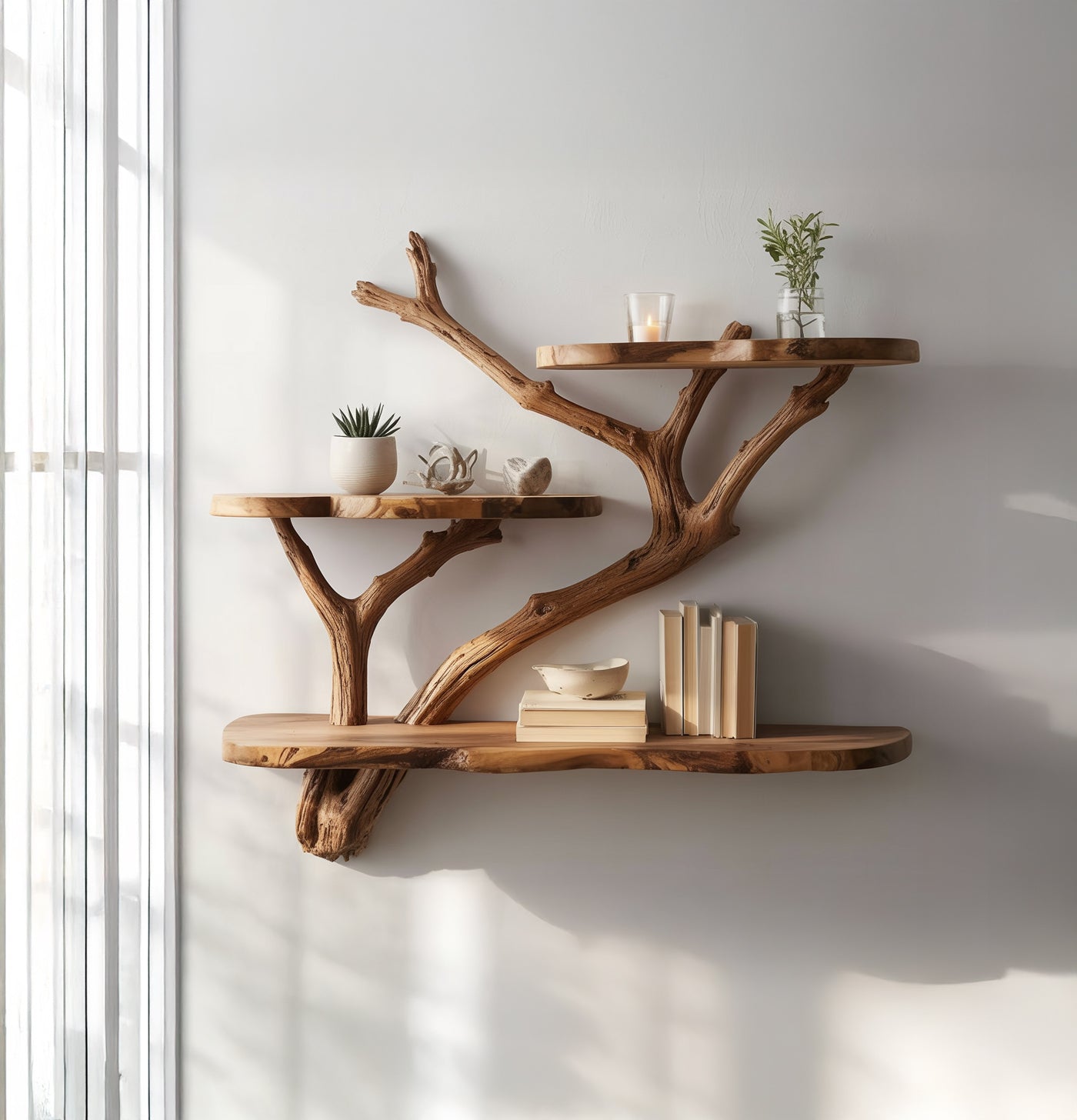 Handgefertigtes Baum-Wandbücherregal – Skulpturales schwebendes Holzregal