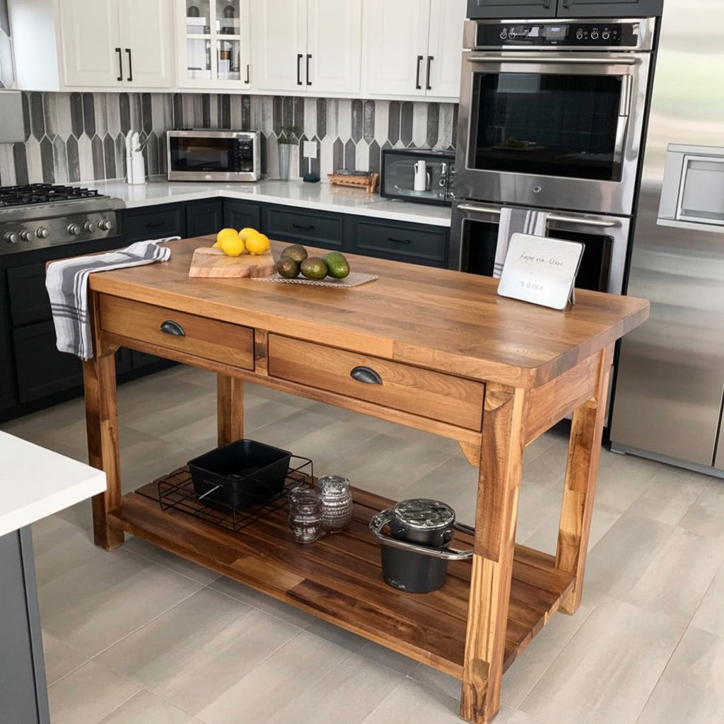 Rustikale Kücheninsel aus recyceltem Holz mit Stauraum – Farmhouse-Thekentisch