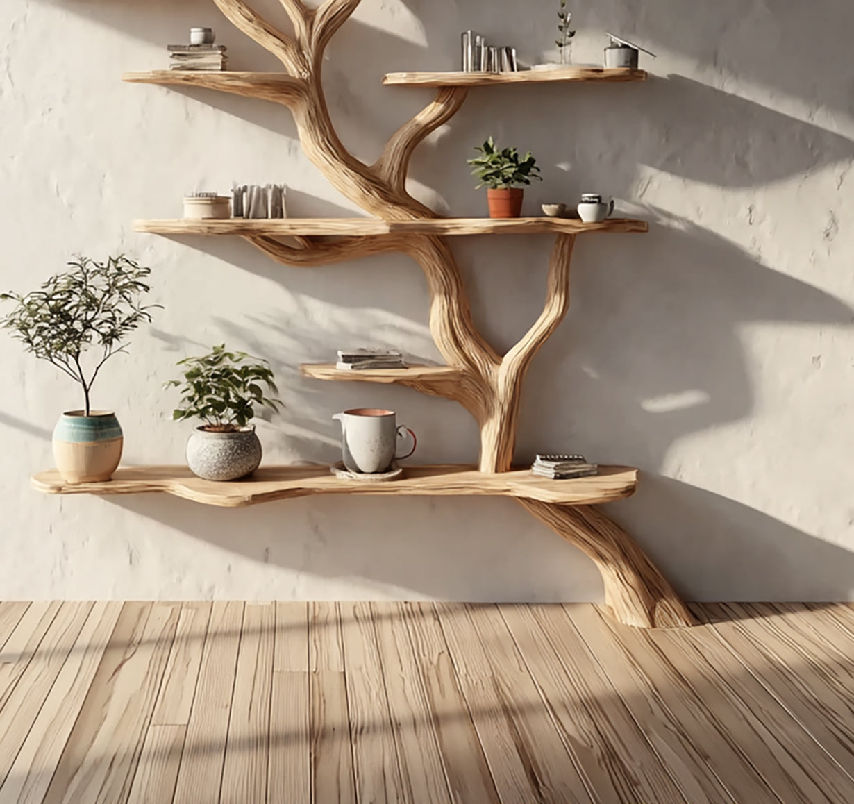Handgefertigtes Baum-Bücherregal aus Holz – Schwebendes Wandregal