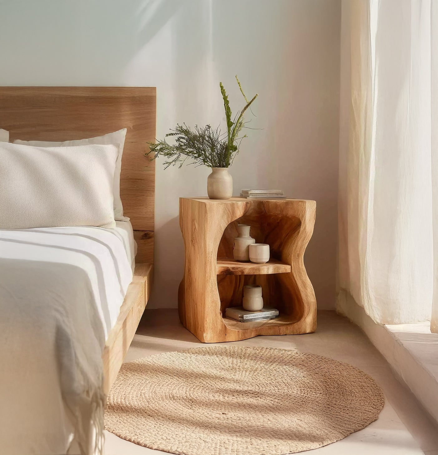 Skulpturaler Nachttisch aus Massivholz – Rustikal & Organisch