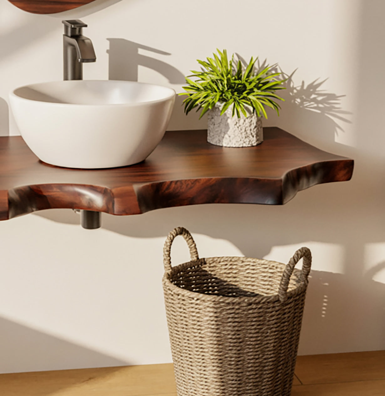 Handgefertigter Massivholz Waschtisch mit Baumkante schwebend