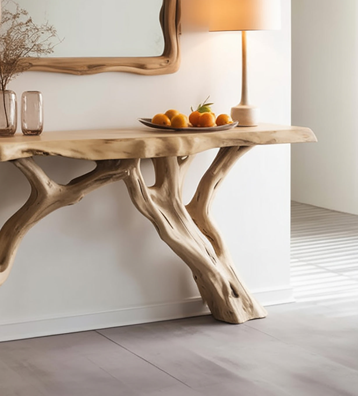 Live-Edge Konsolentisch aus Massivholz mit Baum-Basis – Farmhouse