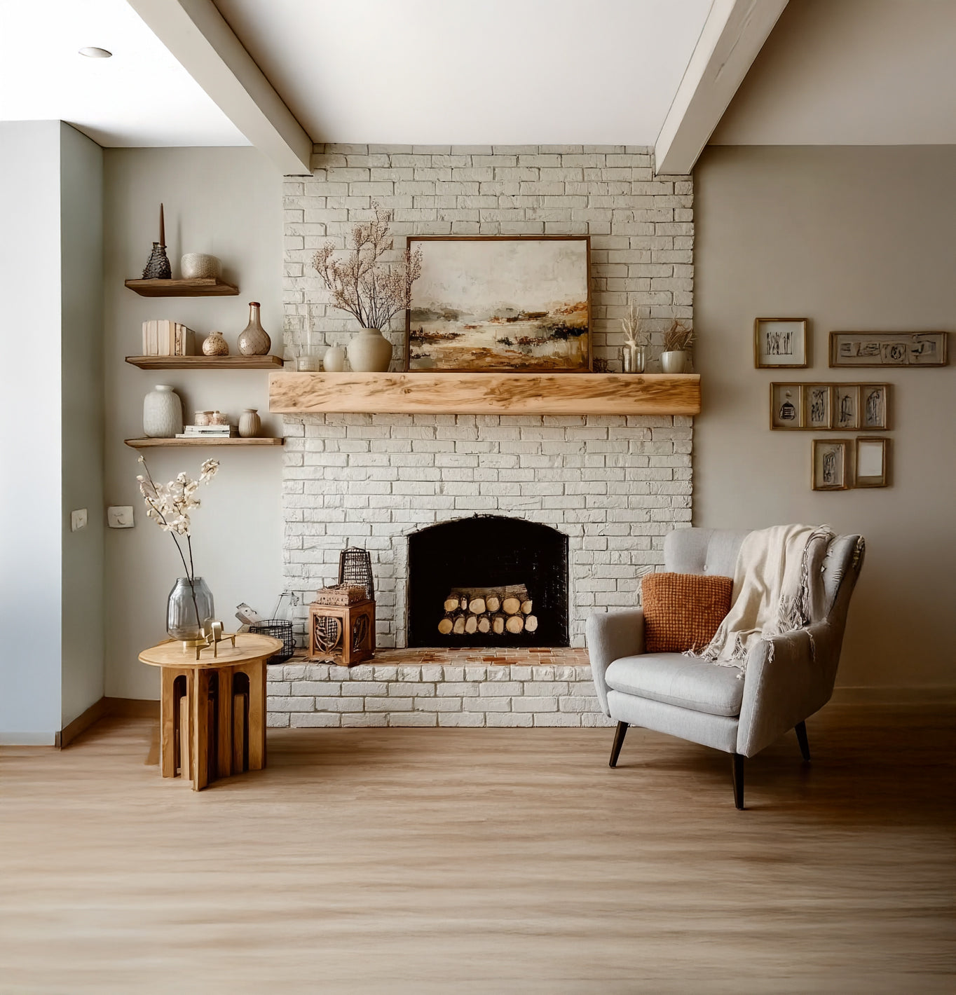 Nachhaltiger Massivholz-Kaminmantel – Schweberegal und moderne Kaminumrahmung