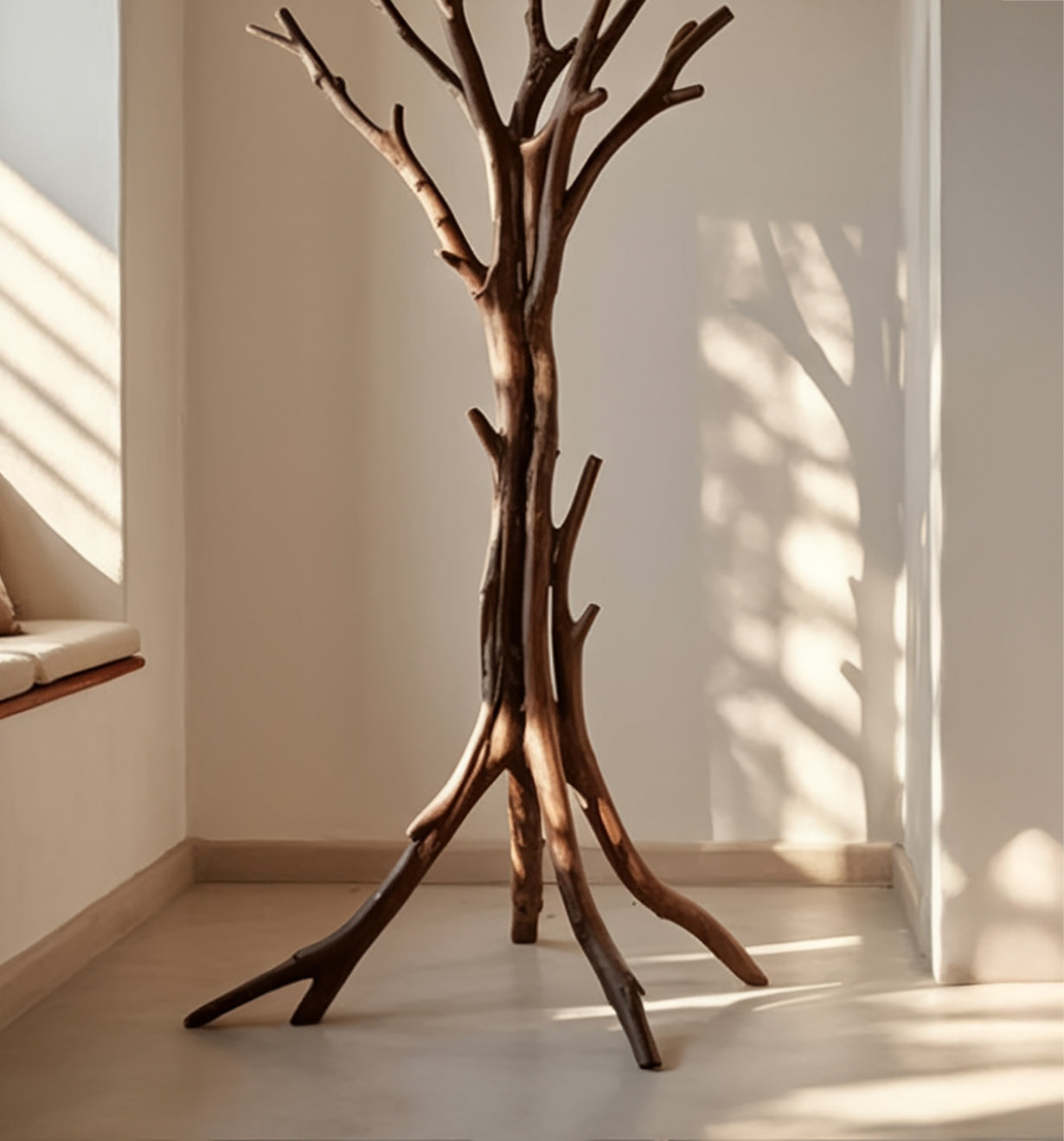 Natural wooden coat rack with multiple branches in a sunlit minimalist corner