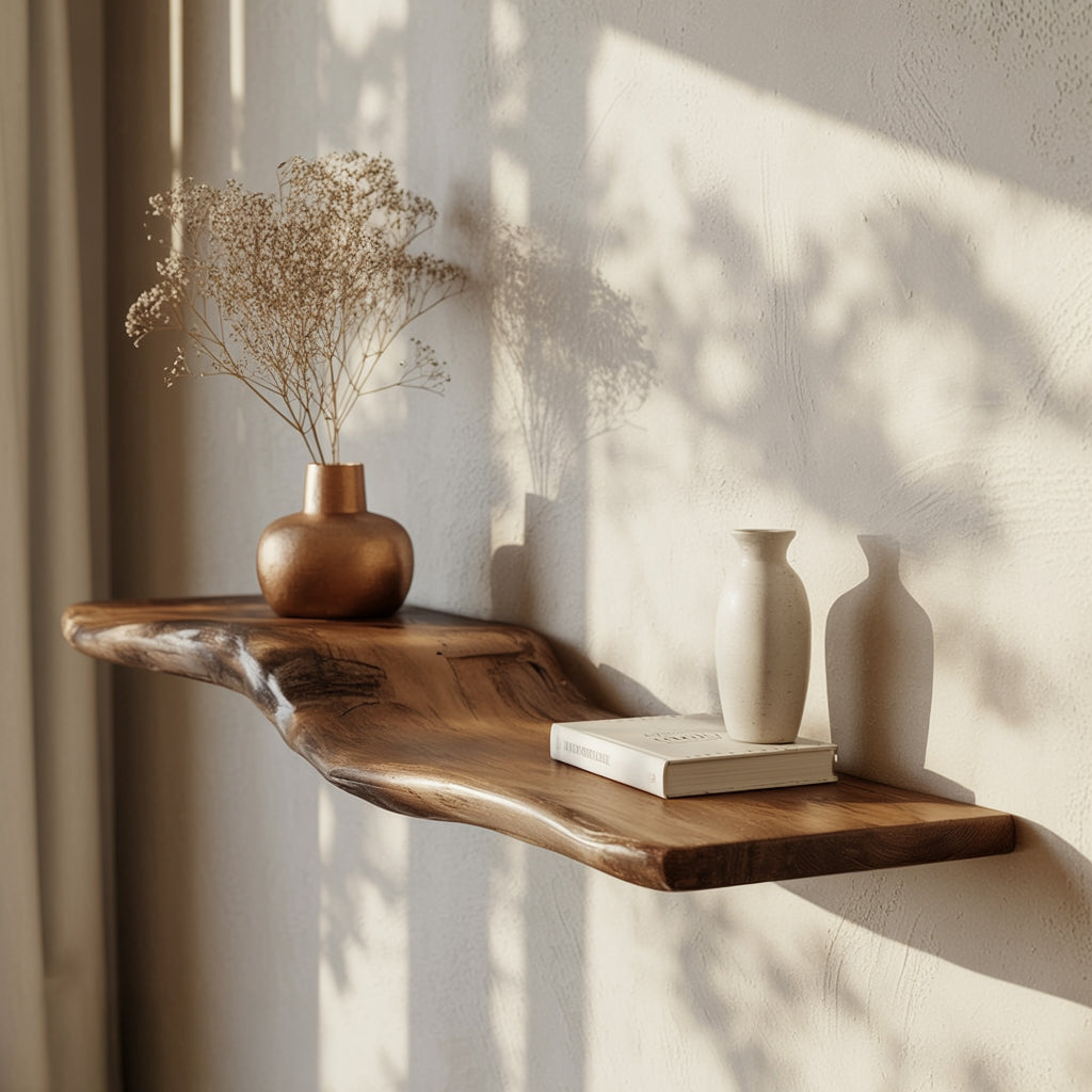 Schwebendes Holzregal mit natürlicher Baumkante – handgefertigtes Massivholz