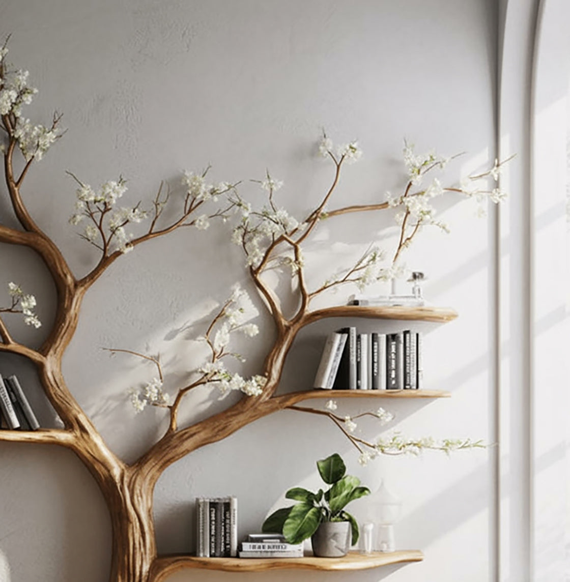 Live-Edge Baum-Bücherregal – Elegantes Regal mit floralen Ästen