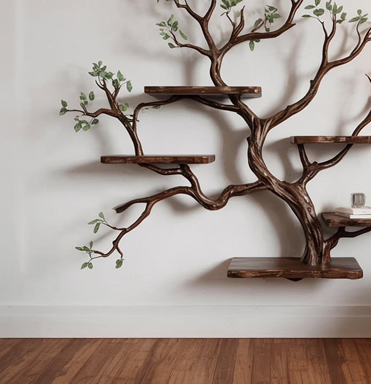 Schwebendes Bücherregal mit Baumkante – Massivholz Wandregal aus Ästen