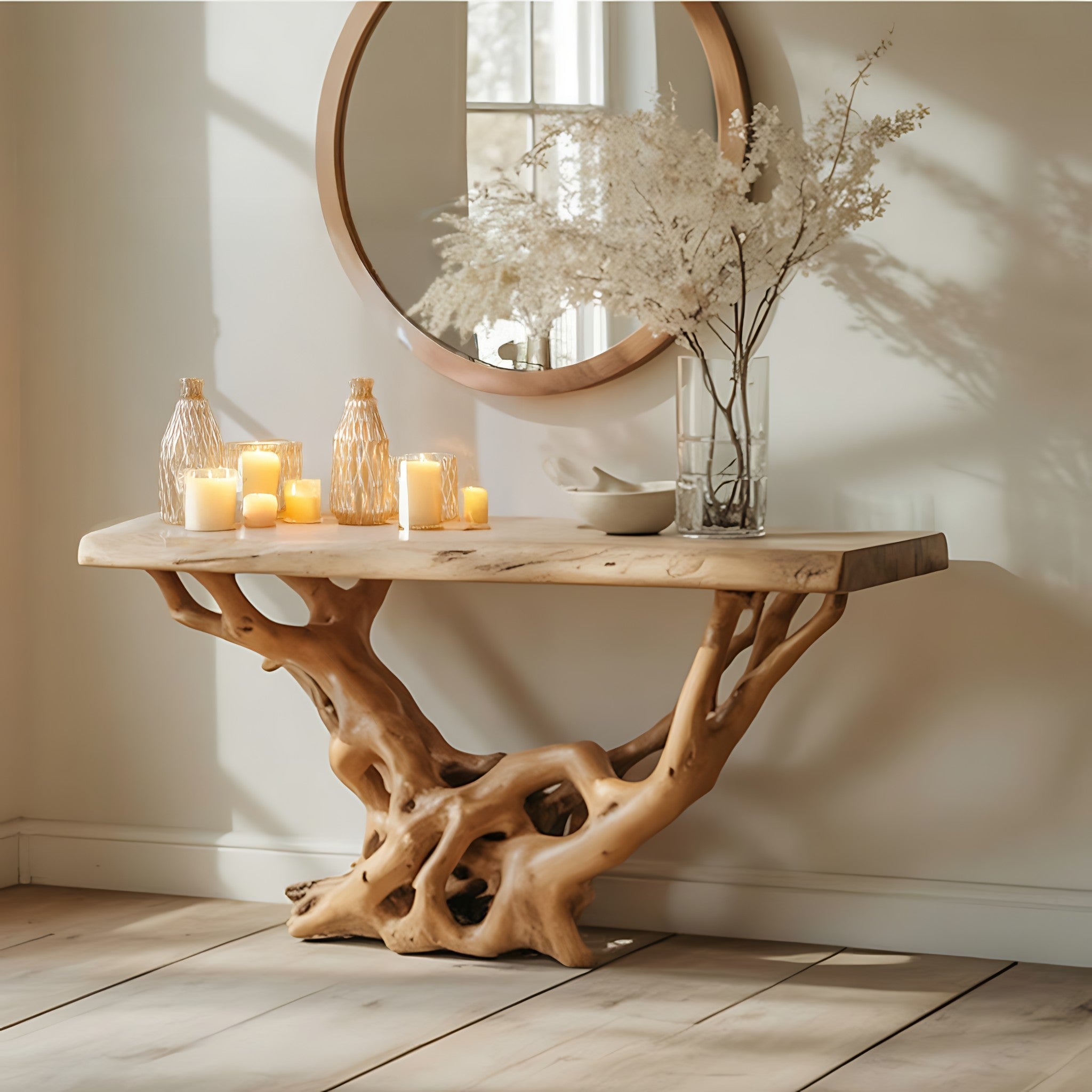 Konsolentisch mit Baumkante – Handgefertigt, rustikaler Landhausstil für den Flur