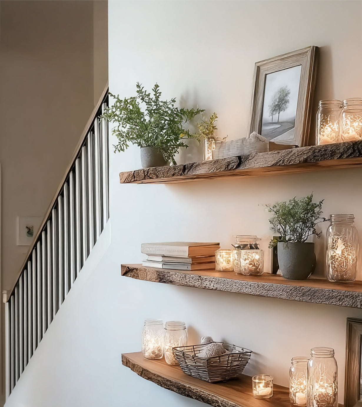 Handgefertigtes Schweberegal mit Baumkante – Massivholz-Rustikregal für die Wand