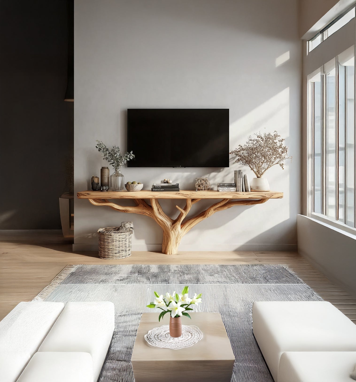 Live-Edge TV-Regal – Massivholz-Medienkonsole, rustikaler handgefertigter Schrank