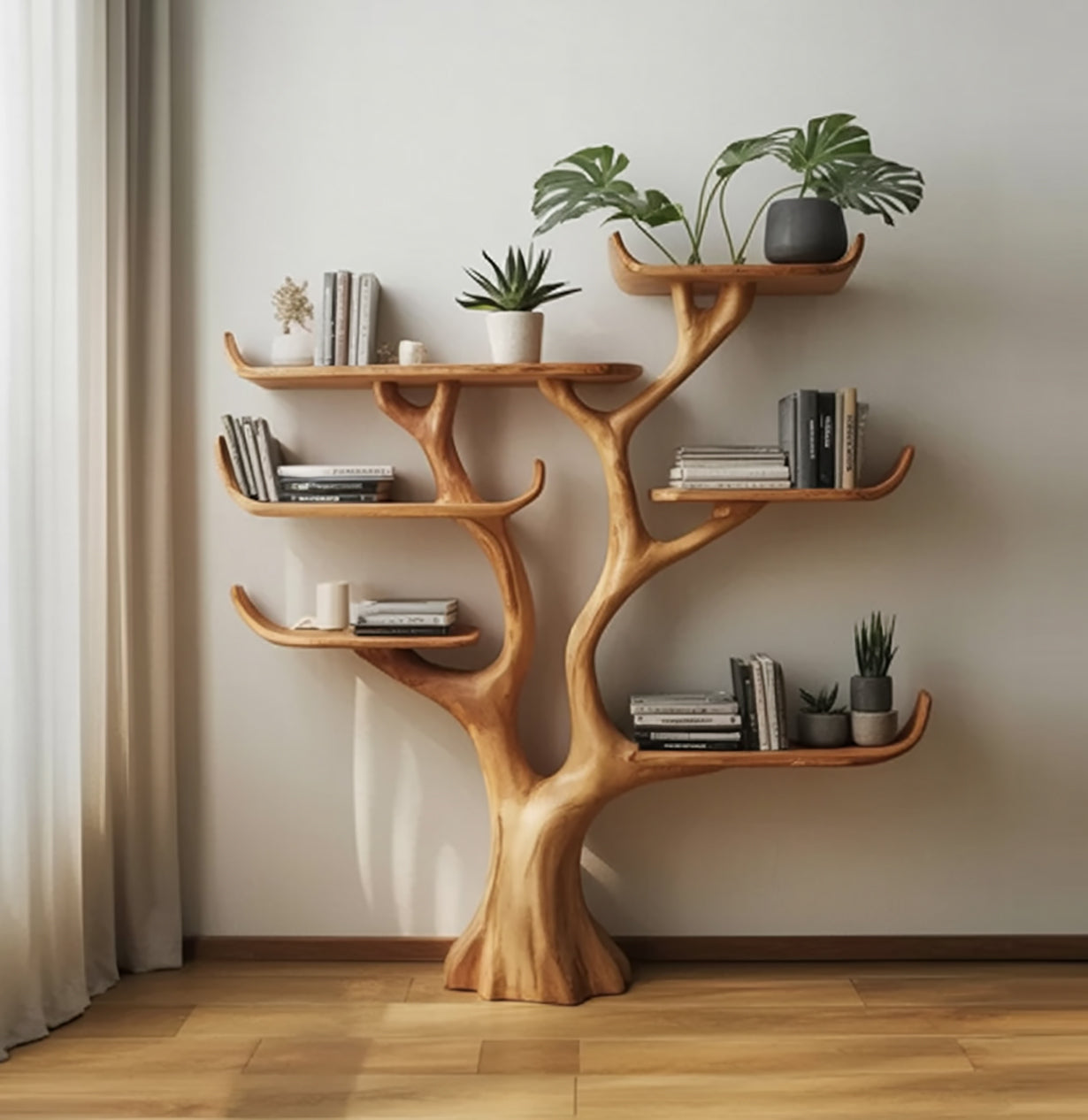 Handgefertigtes Baum Bücherregal aus Holz – Wandregal Deko