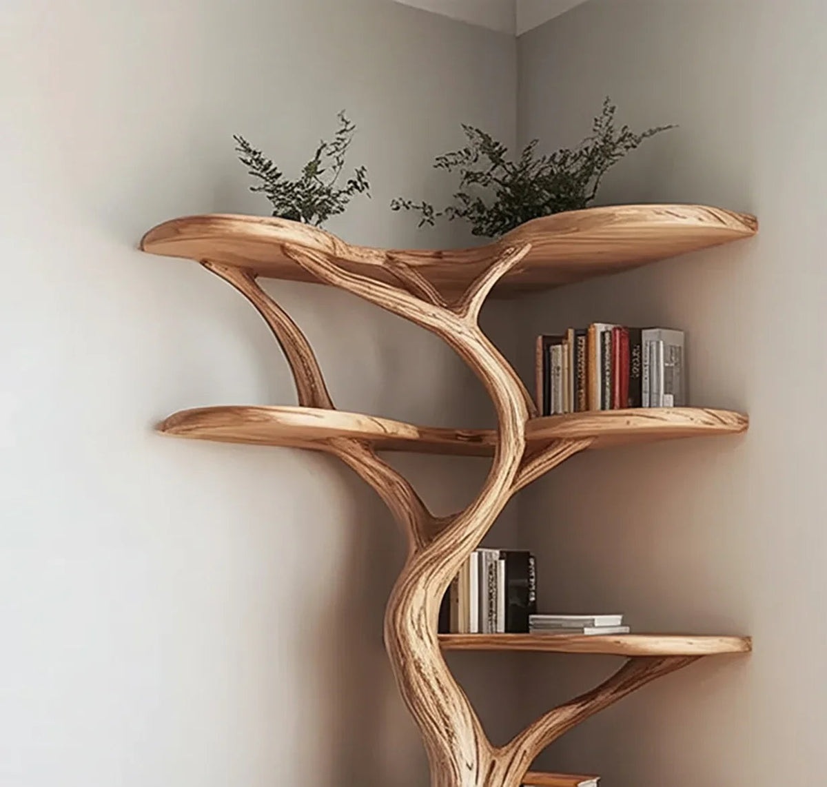 Baumkanten-Baum-Bücherregal aus Massivholz in einer Ecke, mit Büchern und kleinen Pflanzen auf den Regalen.