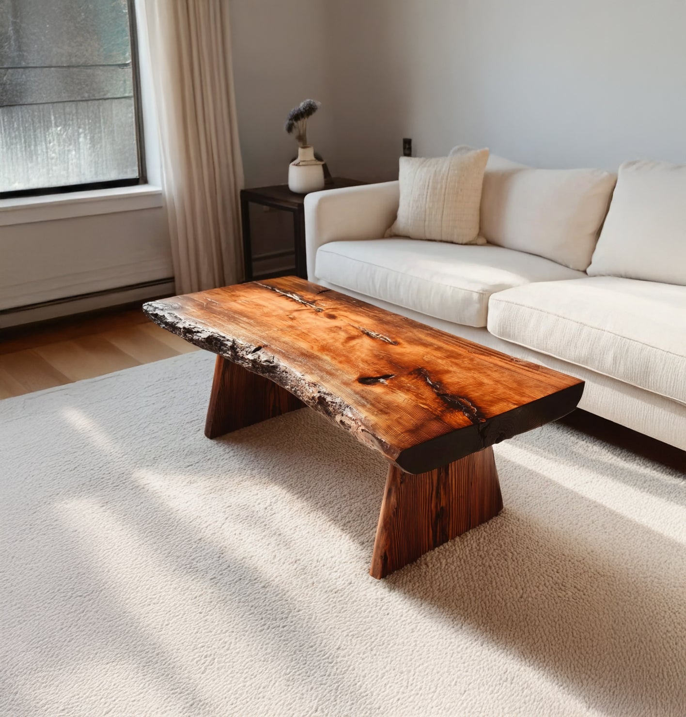 Rustikaler Handgefertigter Massivholz-Couchtisch – Live Edge Landhausstil Tisch