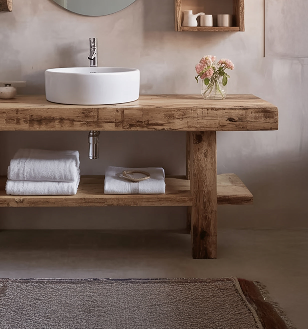 Rustikaler Badezimmerwaschtisch – Handgefertigt aus Massivholz mit Live Edge