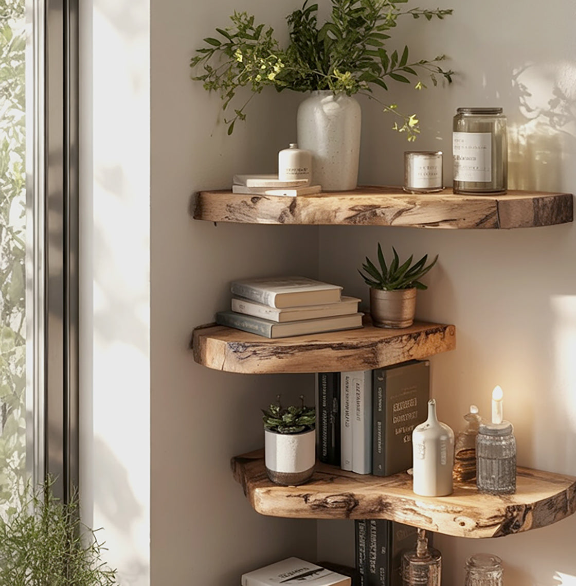 Rustikale Eck-Schweberegale mit Baumkante – handgefertigte Massivholz-Wandregale