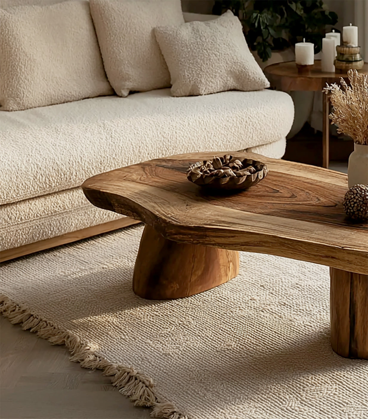 Handgefertigter Massivholz-Couchtisch mit Baumkante – modernes Wohnzimmer-Highlight