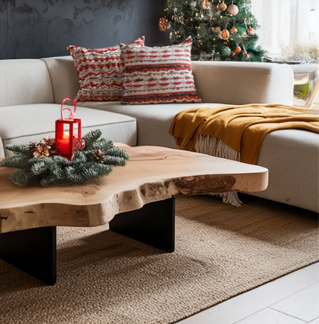 Rustikaler Couchtisch – Holzplatte mit Naturkante und schwarzen Metallbeinen