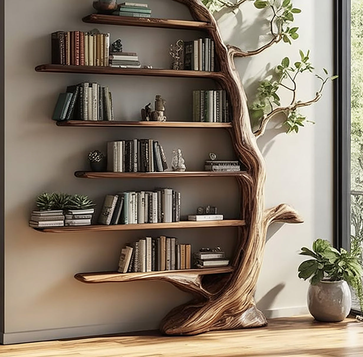 Handgefertigtes Baum-Bücherregal aus Holz – Künstlerisches Wandregal