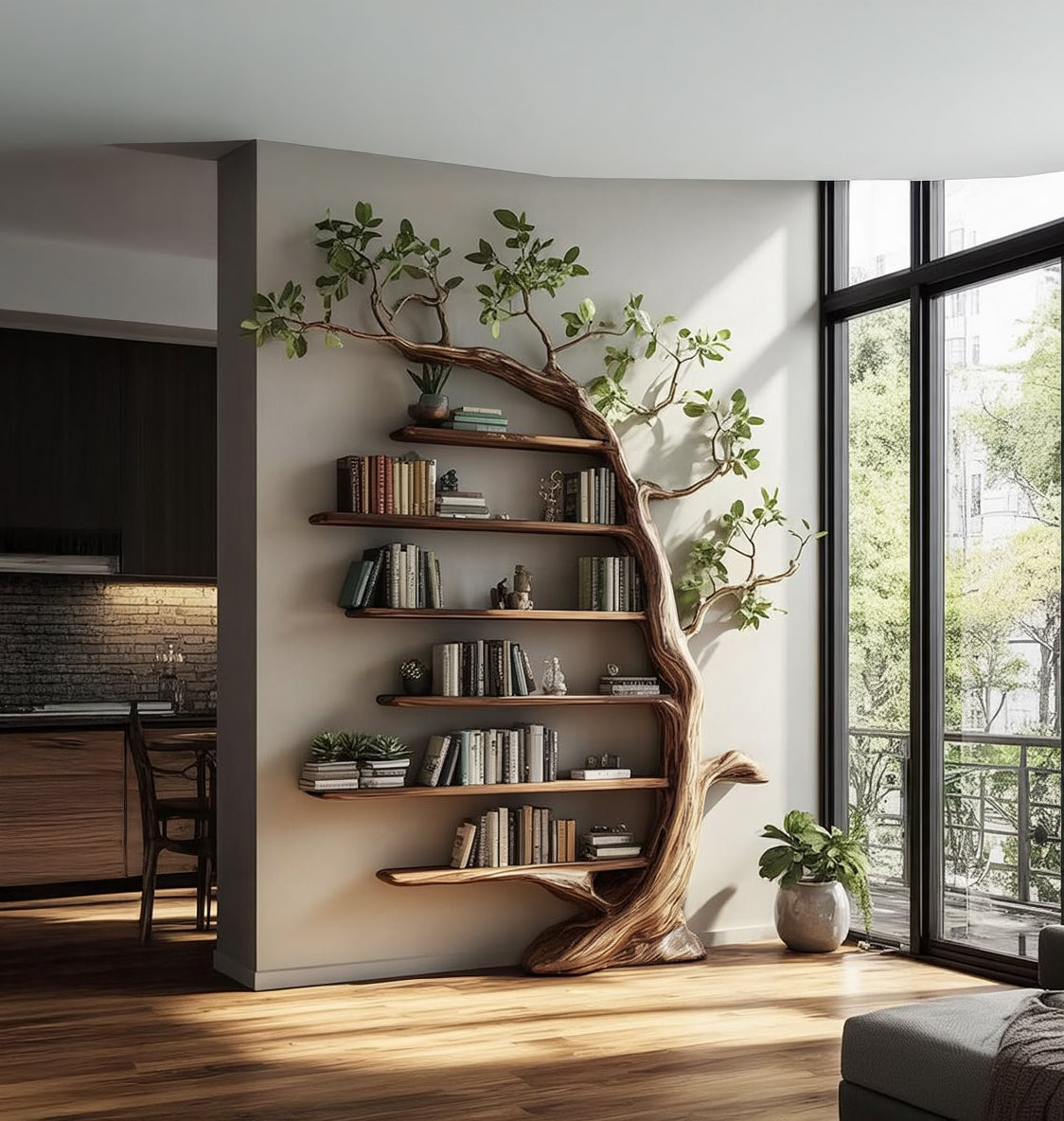 Handgefertigtes Baum-Bücherregal aus Holz – Künstlerisches Wandregal