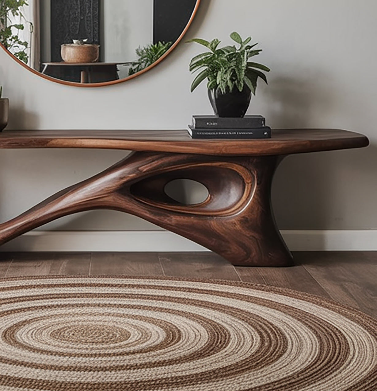 Handgefertigter rustikaler moderner Konsoltisch – Naturholz-Design