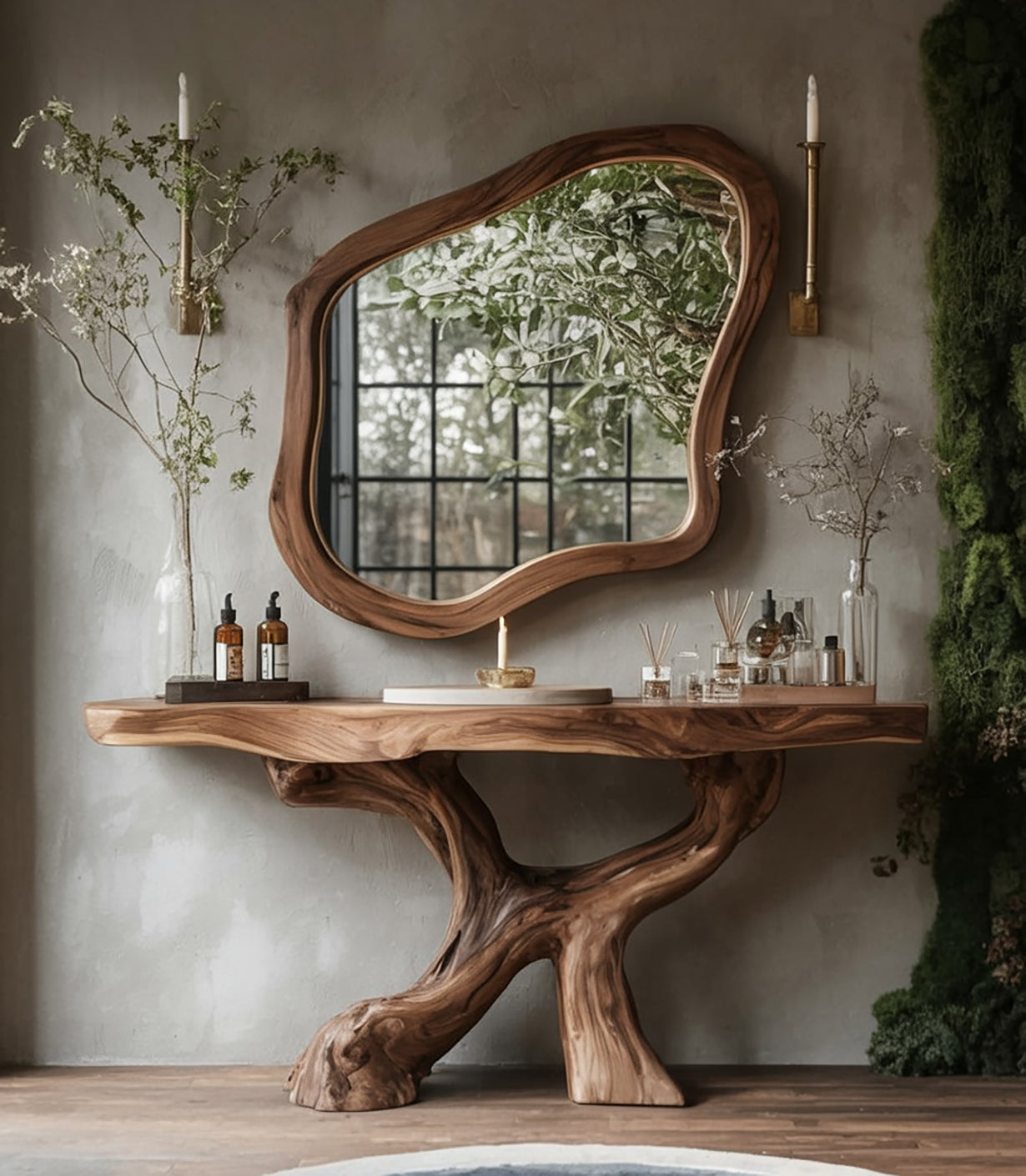 Live-Edge Teak Badezimmerwaschtisch mit organischem Wurzelgestell