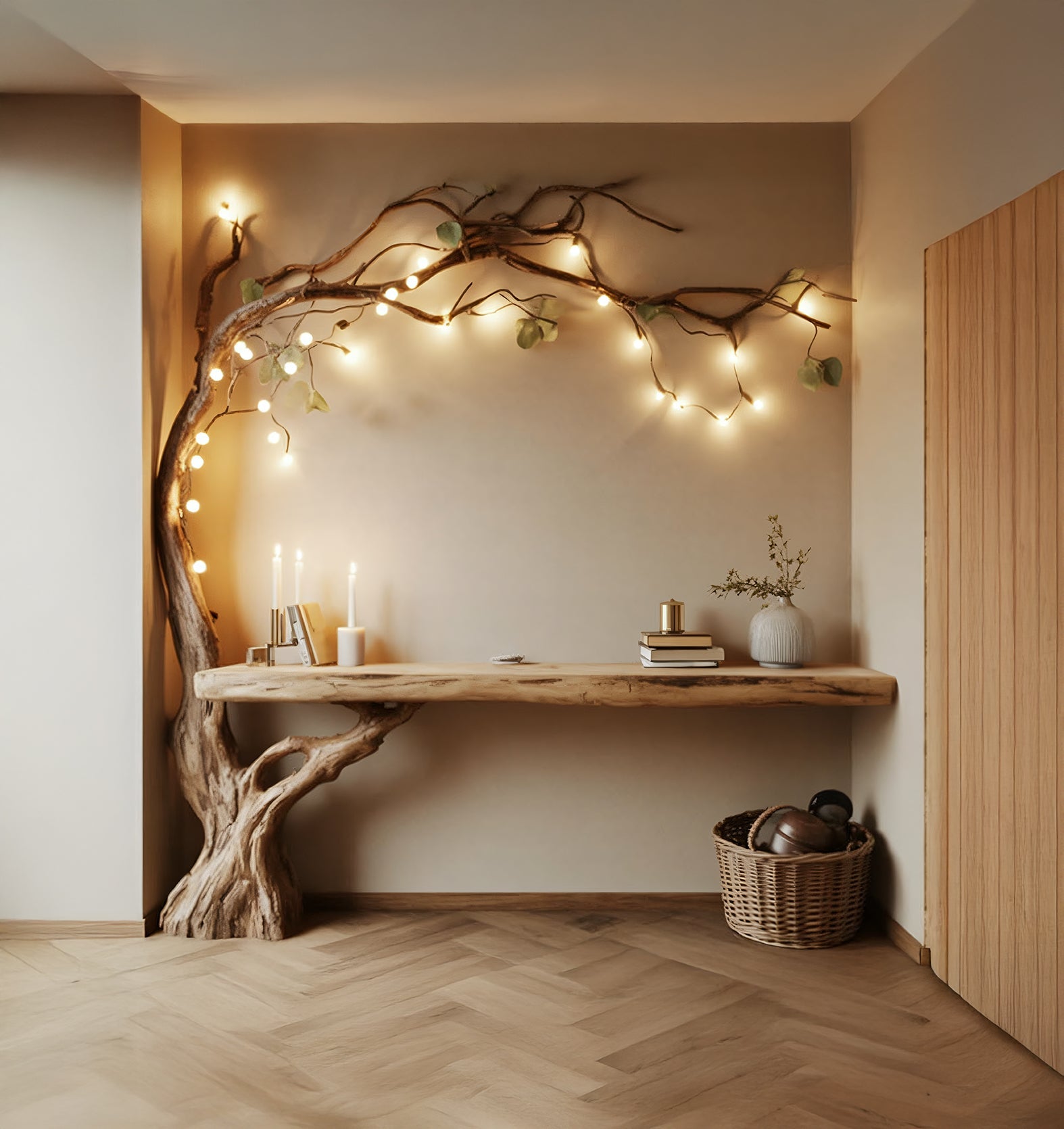 Live-Edge Baumast-Konsole mit Beleuchtung – Handgefertigter Holz-Tisch