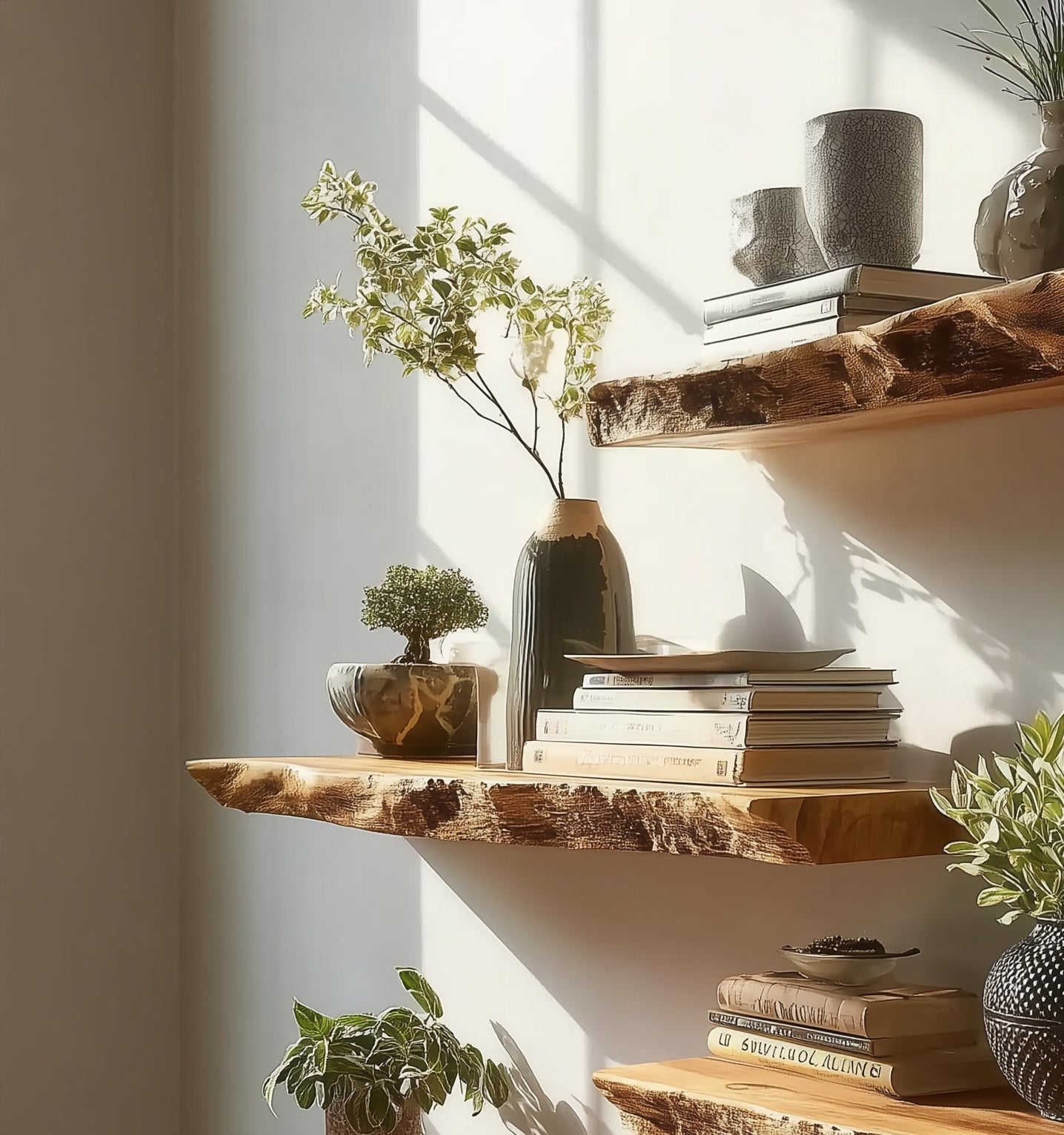 Handgefertigte Schweberegale mit Baumkante – Massivholz-Wandregal-Set