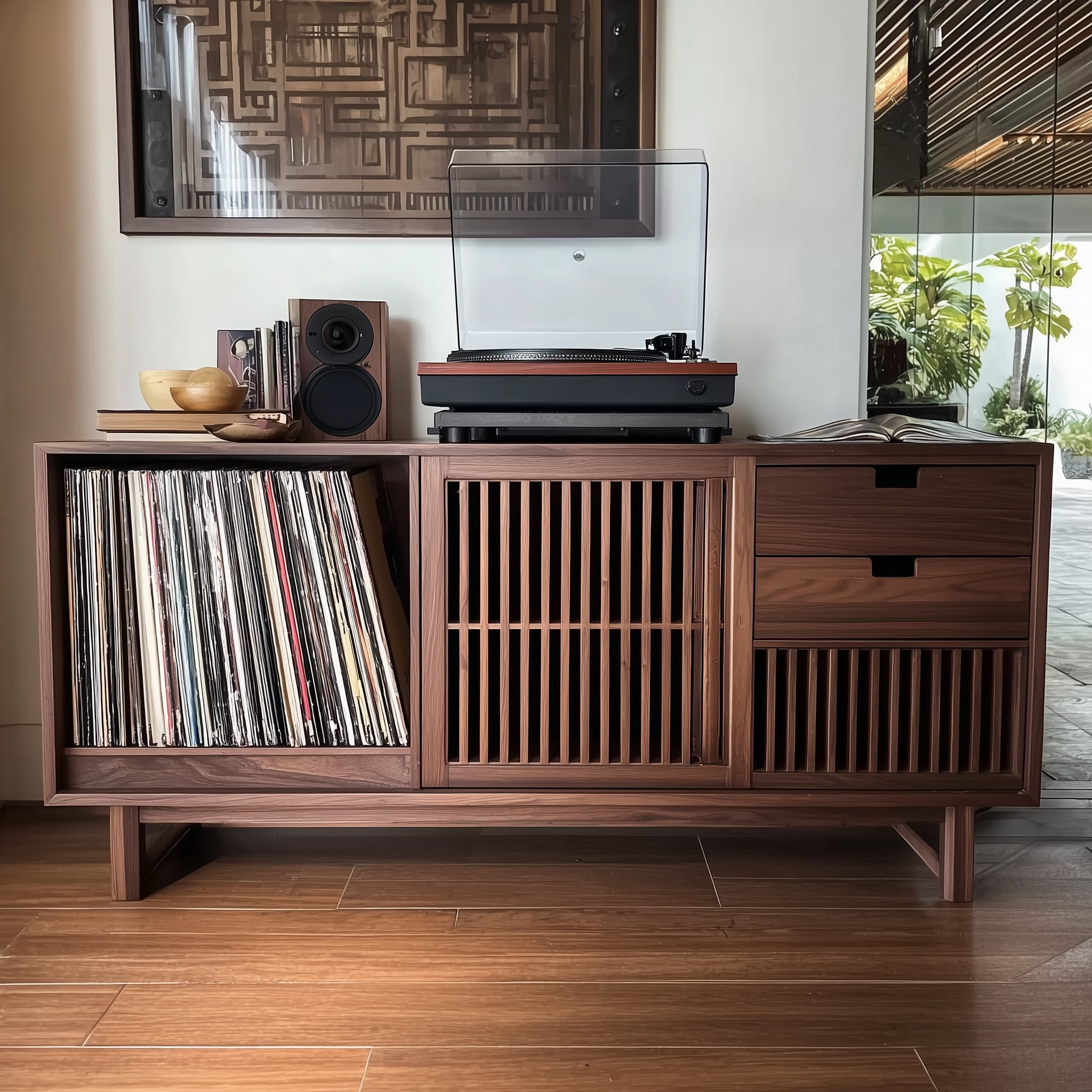 Handgefertigtes Plattenspieler-Regal aus Naturholz mit Stauraum und Schallplatten-Organizer