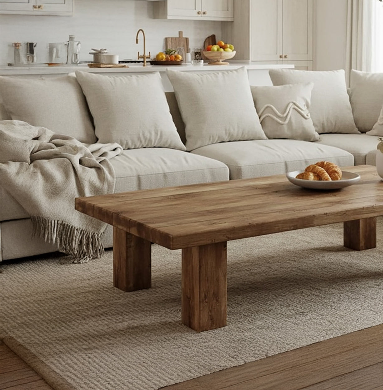 Rustikaler Couchtisch aus recyceltem Holz mit Ablage – Farmhouse-Handarbeit