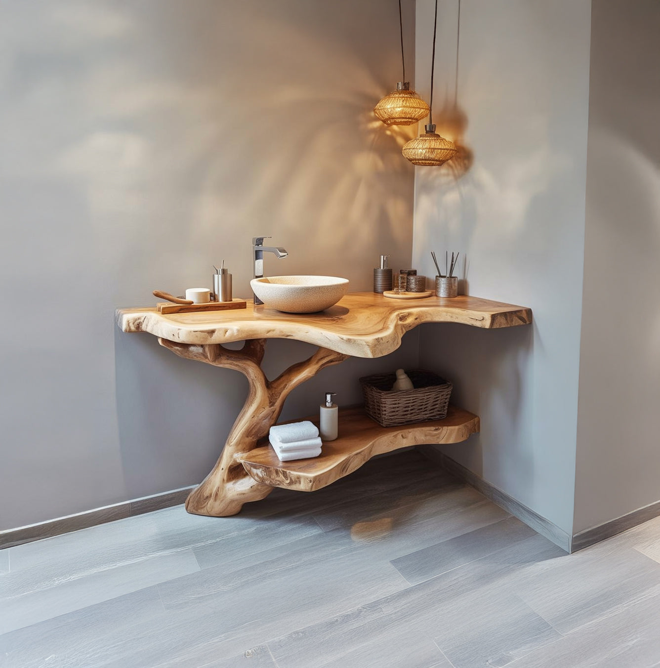 Waschtischunterschrank aus Massivholz mit Live Edge und Baumfuß
