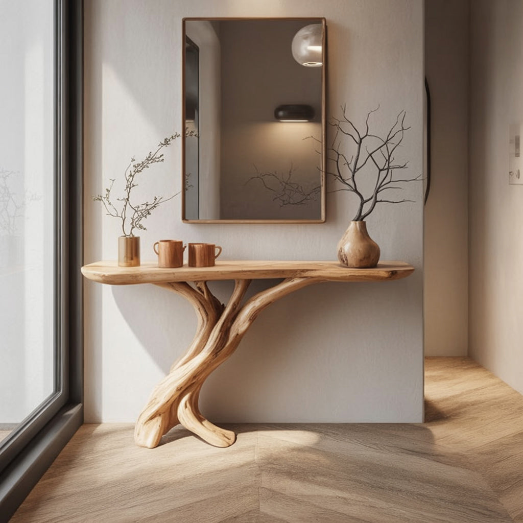 Rustikaler Konsolentisch im Treibholz-Stil – Massivholz mit Skulpturalem Gestell