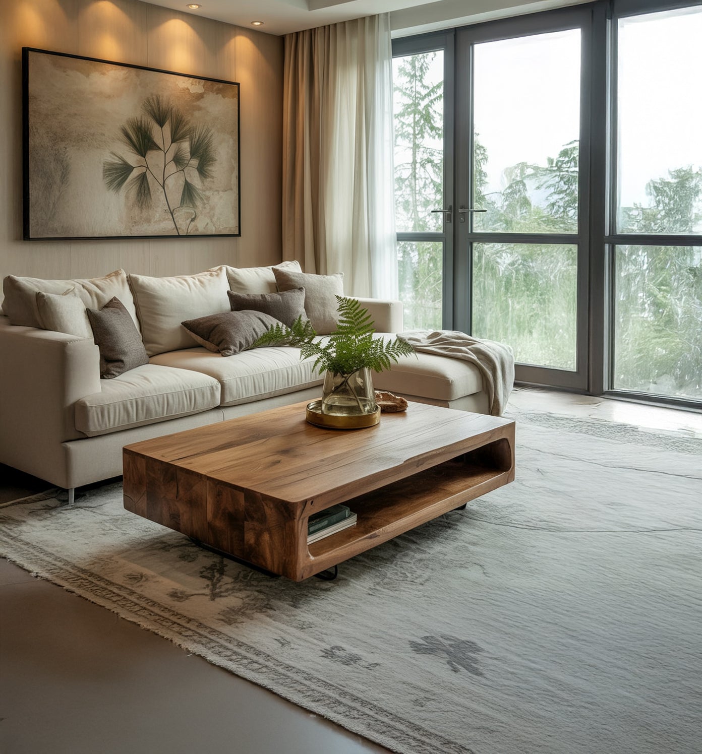 Handgefertigter Massivholz-Couchtisch aus Akazie mit offener Ablage