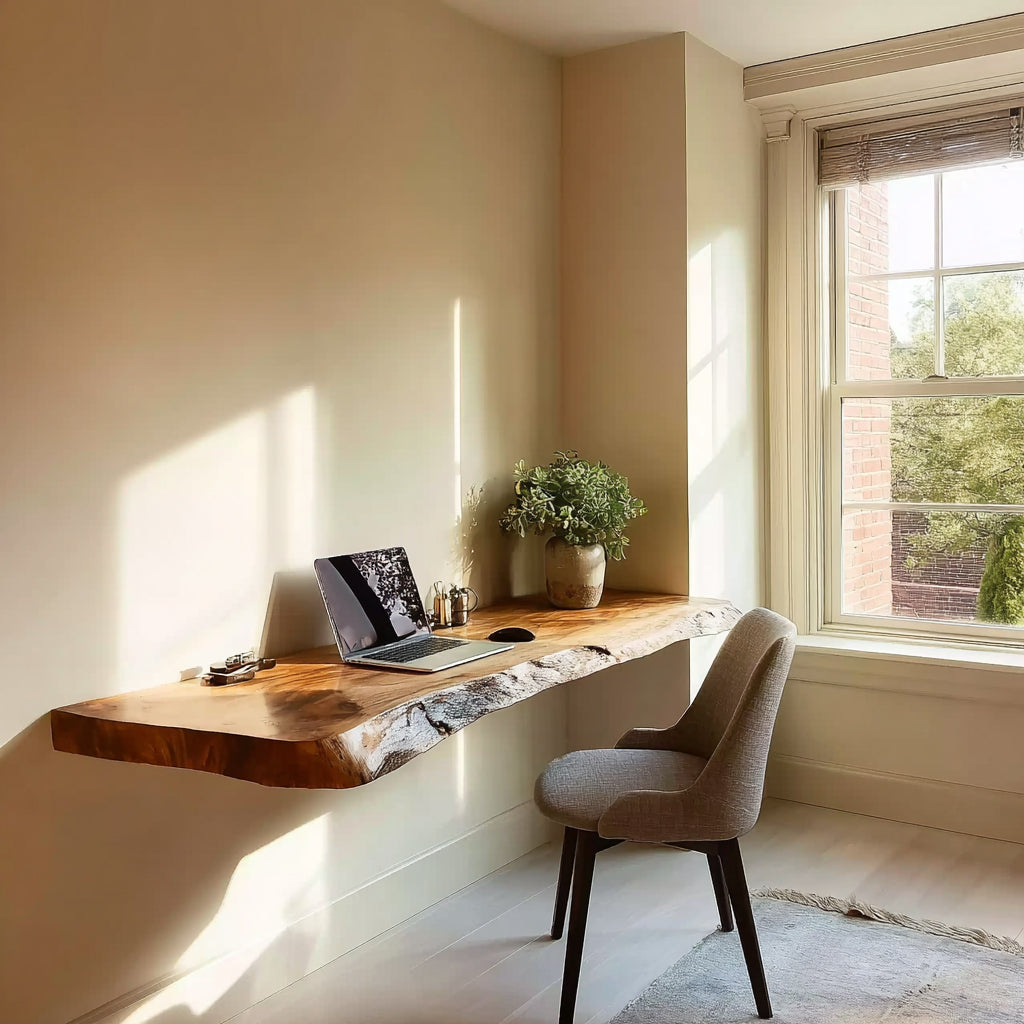 Handgefertigter Floating-Desk aus Massivholz mit Naturkante – Für Homeoffice