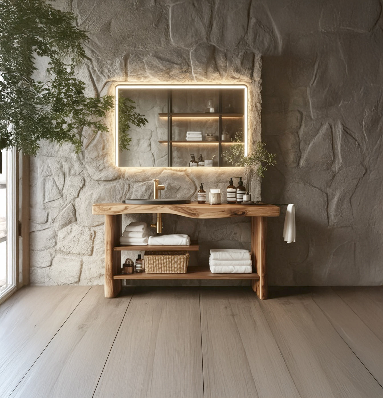 Handgefertigter Waschtisch aus Naturholz für das Badezimmer