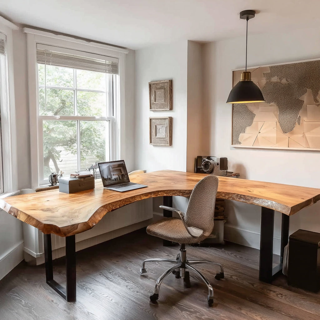 Handgefertigter L-förmiger Massivholz-Schreibtisch mit Naturkante für Homeoffice