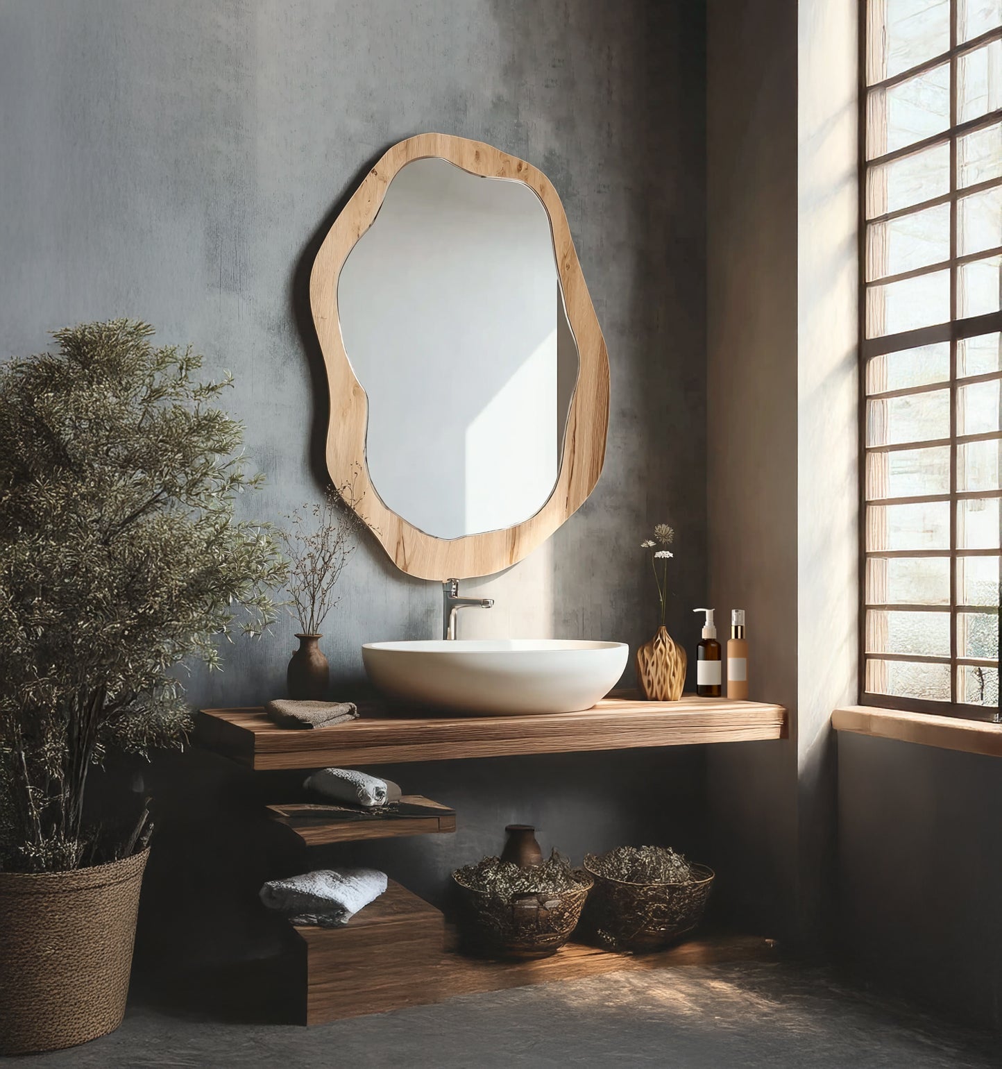 Handgefertigter Walnussholz-Wandspiegel mit Naturkante – Wohnzimmer, Bad, Schminktisch