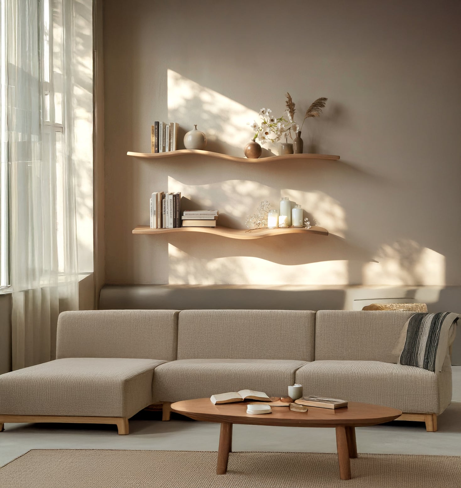 Handgefertigtes Wellen-Holzregal – Rustikales Mid-Century Wandregal & Geschenk