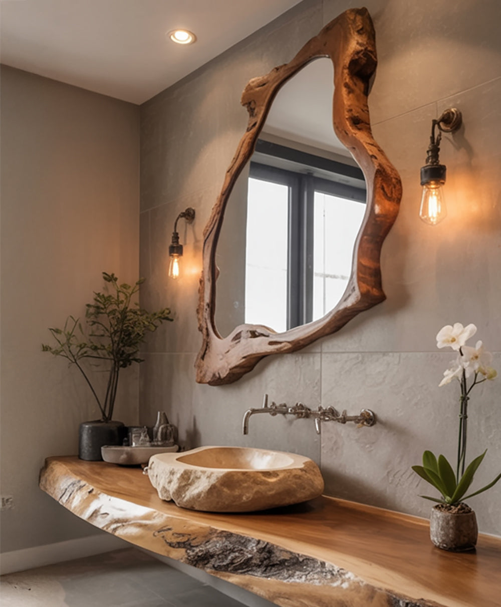 Walnuss-Wandspiegel – asymmetrisch, dekorativ für Eingangsbereich & Wohnzimmer