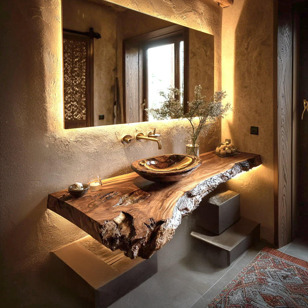 Rustikaler handgefertigter Waschtisch aus Massivholz mit Live-Edge-Design