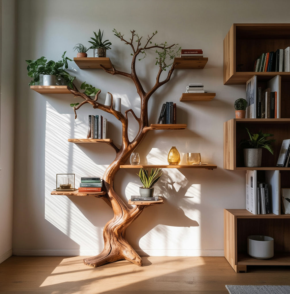 Dekoratives Baumstamm-Bücherregal – großes rustikales Wandregal HolzDE