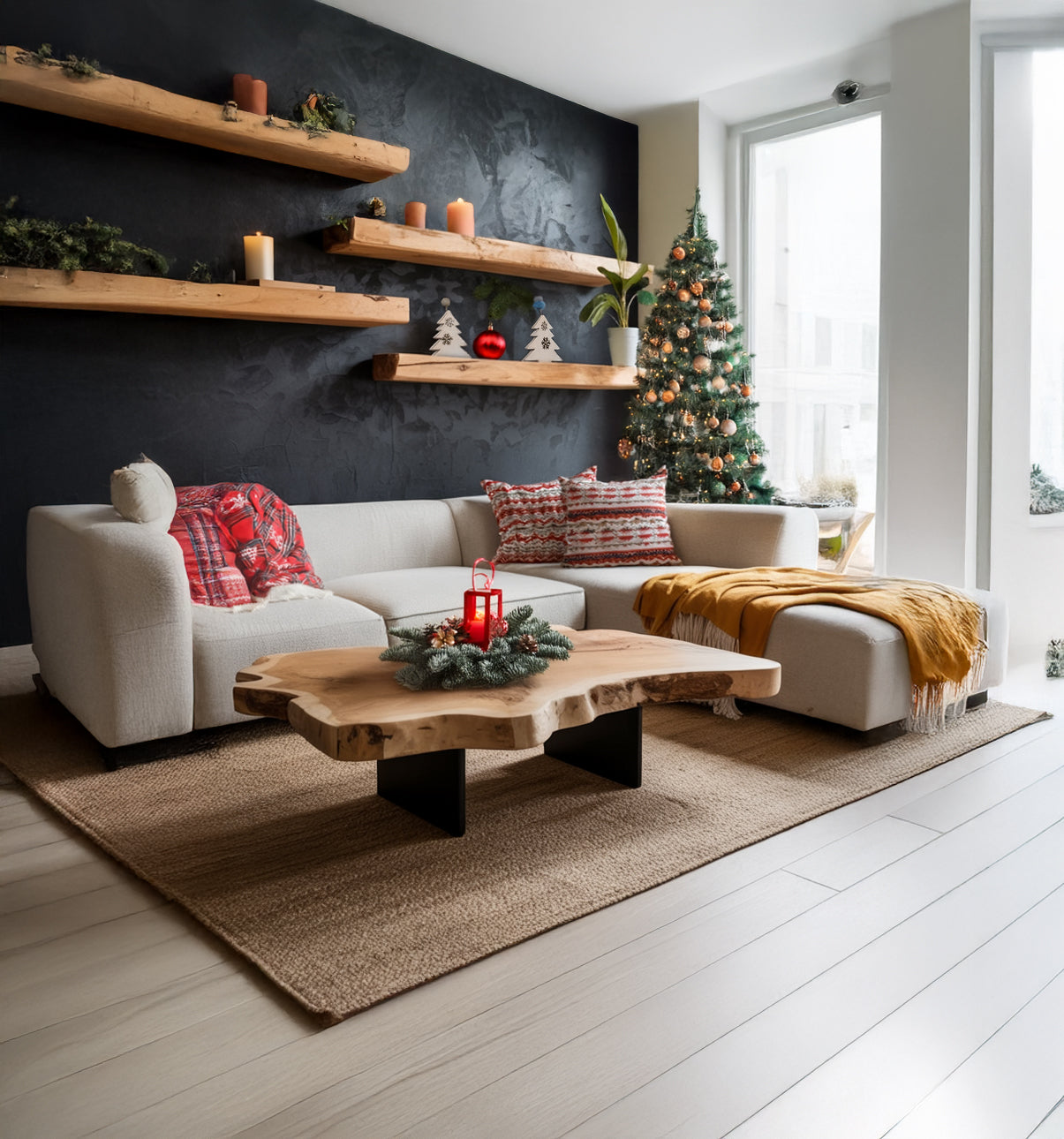 Rustikaler Couchtisch – Holzplatte mit Naturkante und schwarzen Metallbeinen